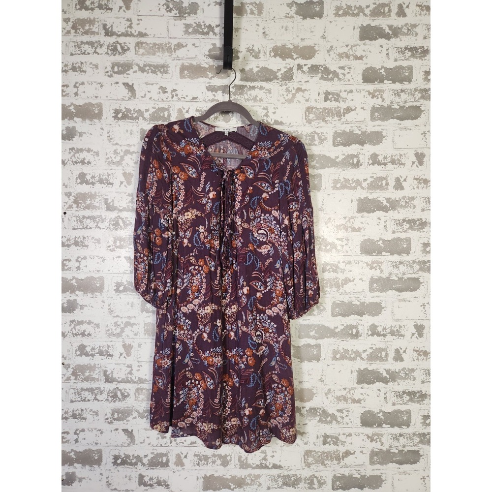Boho Cottagecore Floral Tunic Dress Small Purple Lace Up Peasant Retro